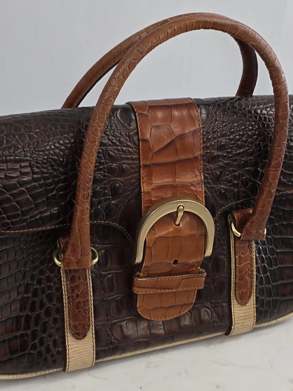 Brahmin Croc-Embossed Leather Satchel in Dark Brown and Tan